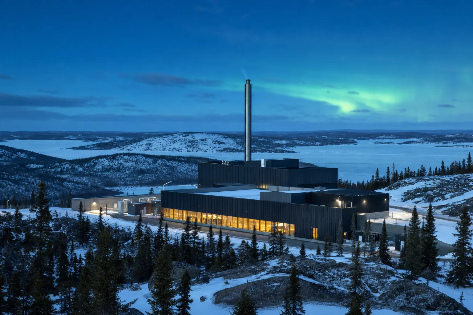A modern waste-to-energy facility in a snow-covered northern Canadian landscape at dusk, with boreal forest and a frozen lake behind it