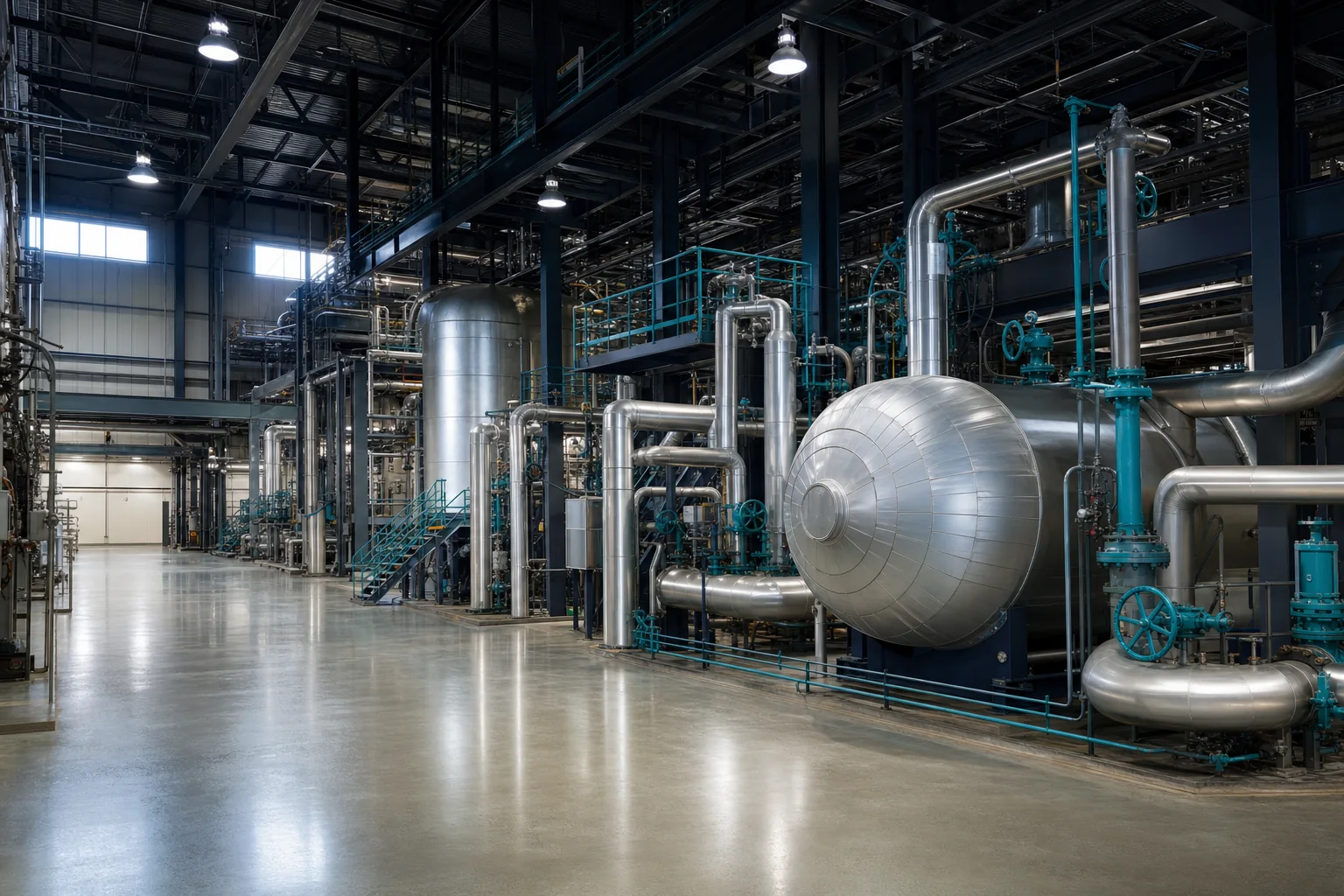 Interior of a clean modern waste-to-energy plant showing stainless steel pipework, pressure vessels and teal-painted valves