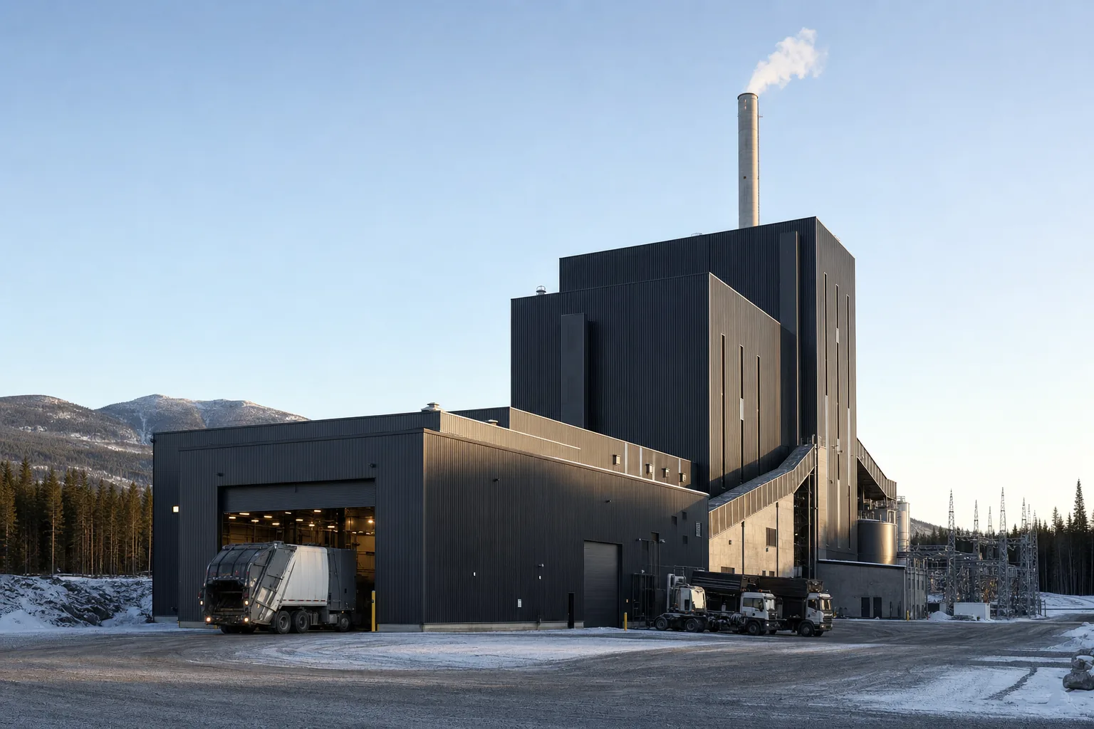 A large municipal-scale waste-to-energy plant with an enclosed tipping hall, boiler house and stack, with collection trucks on the yard for scale