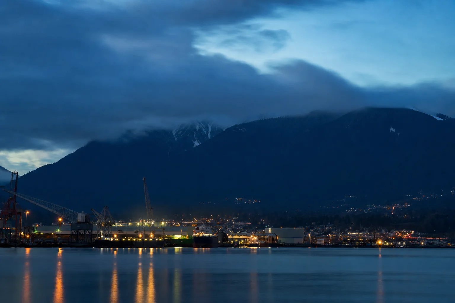 North Vancouver waterfront at dusk, with harbour infrastructure silhouetted against the forested North Shore mountains