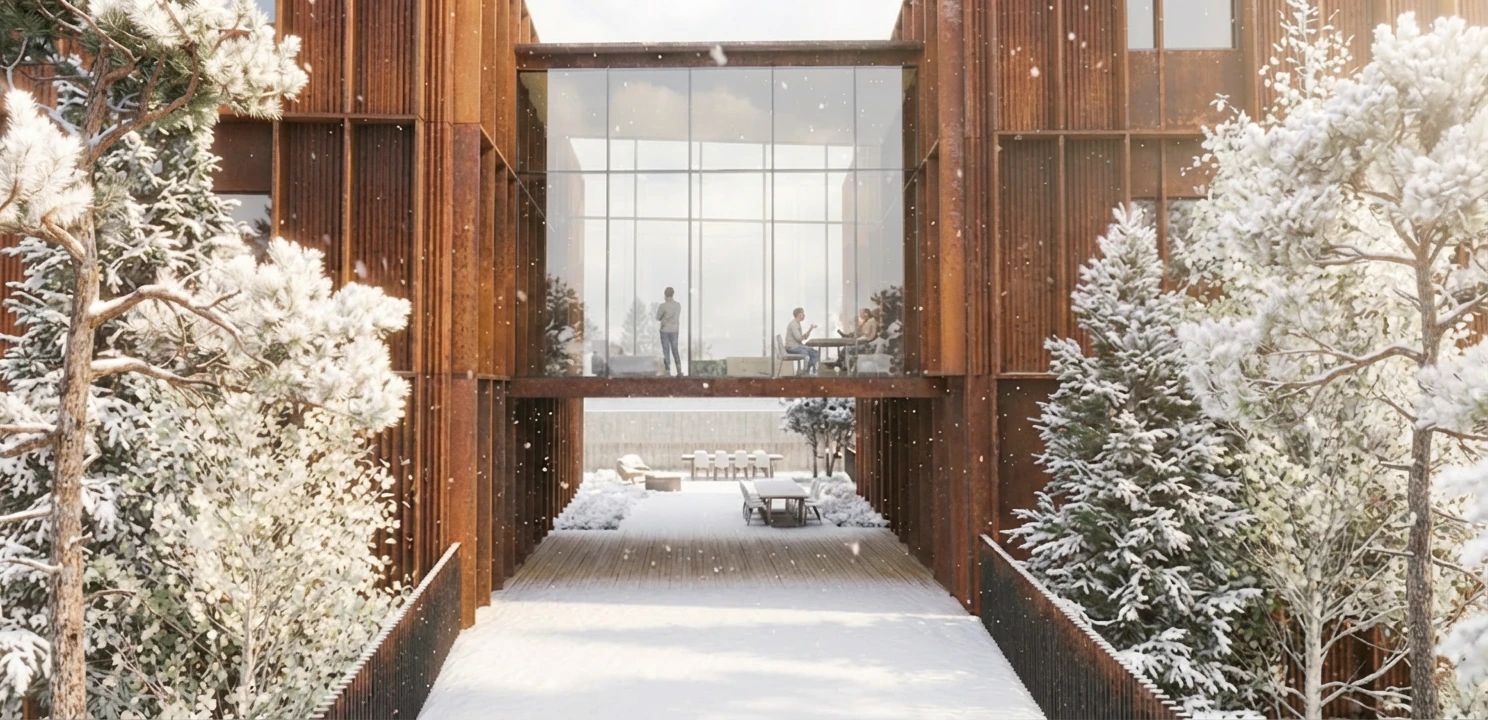Daytime architectural rendering of a landscaped entry to the Yellowknife development