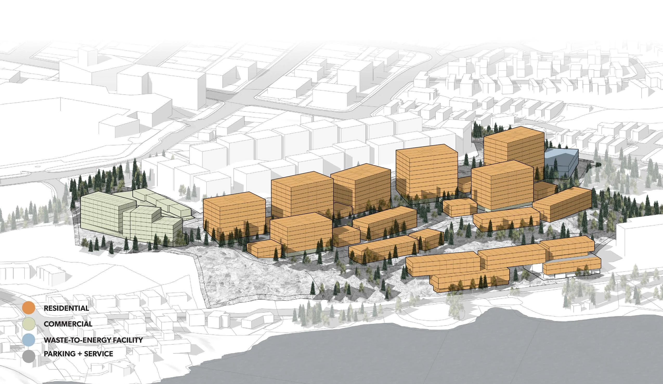 Aerial masterplan rendering of the Yellowknife development, with residential and commercial buildings massed across the site and a legend identifying the waste-to-energy facility