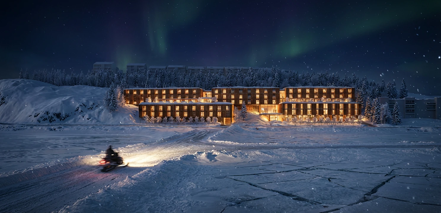 Night-time rendering of the Yellowknife development under the northern lights