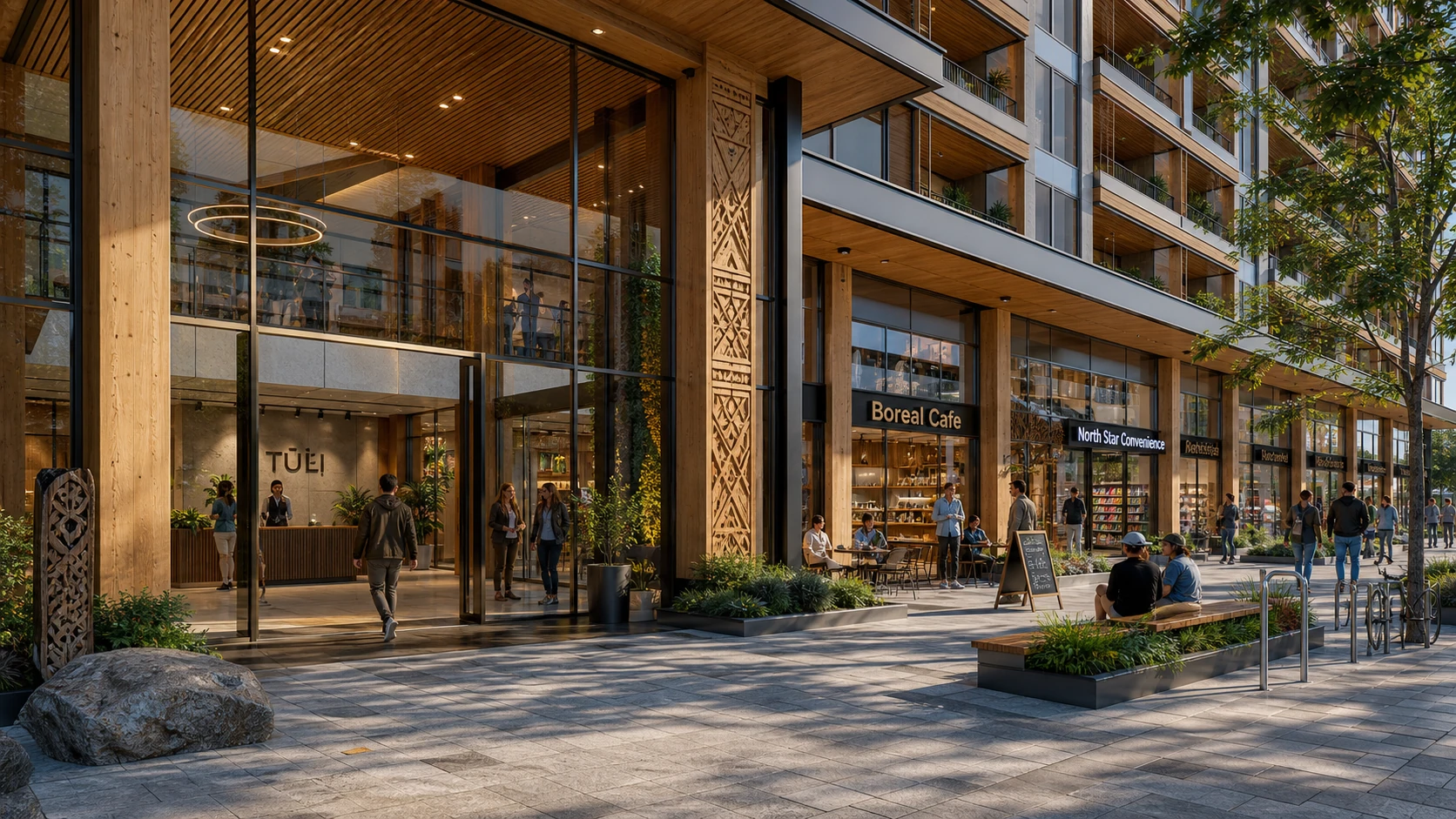 Street-level architectural rendering of a mixed-use development with timber and glass frontages and mature trees