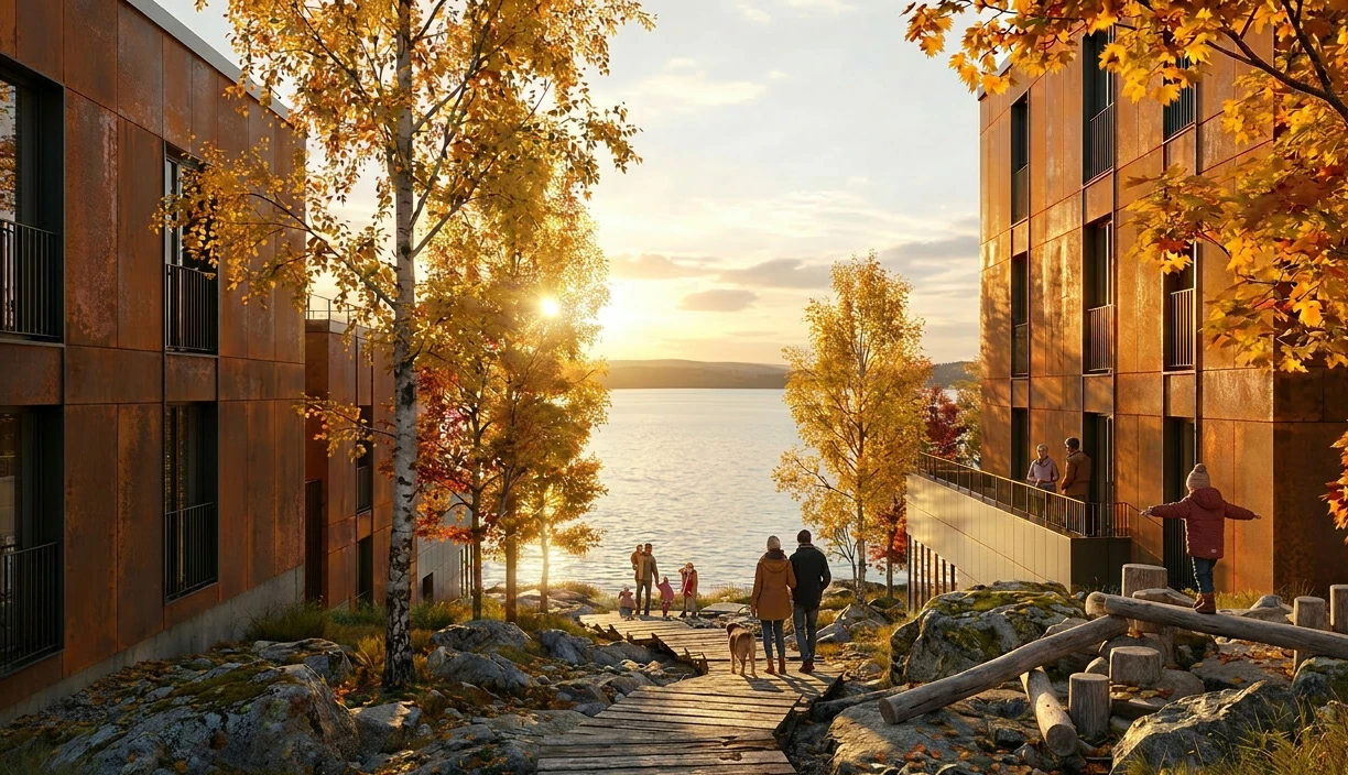 Architectural rendering of a waterfront mixed-use community at sunset with people walking along the shoreline