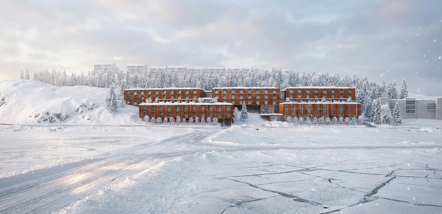 Winter architectural rendering of a long low mixed-use building among snow-covered spruce trees